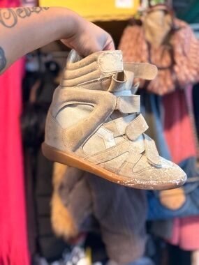 Isabel Marant Beige Suede Wedge Sneakers with Velcro Straps